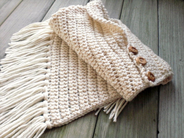 Hand knit winter shawl / white / rustic urban chic shoulder wrap / for her / natural wood buttons / asymmetrical