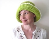 Crochet / Hat / lime green / hot yellow green / cotton / spring summer brimmed hat / white picot edge / for her
