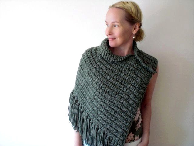 Knit shawl / moss heather green / soft pine green / asymmetrical / urban rustic shoulder wrap /  wood buttons / autumn / winter / cozy
