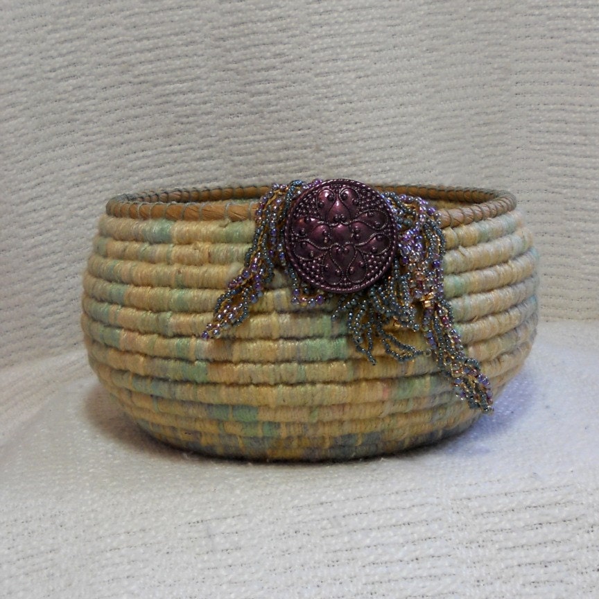 E156 Coiled Basket Embellished with Beads and Button