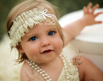Shabby Chic Ruffled Chiffon and Diamontes Cream Vintage Skinny Headband Baby Child Girls