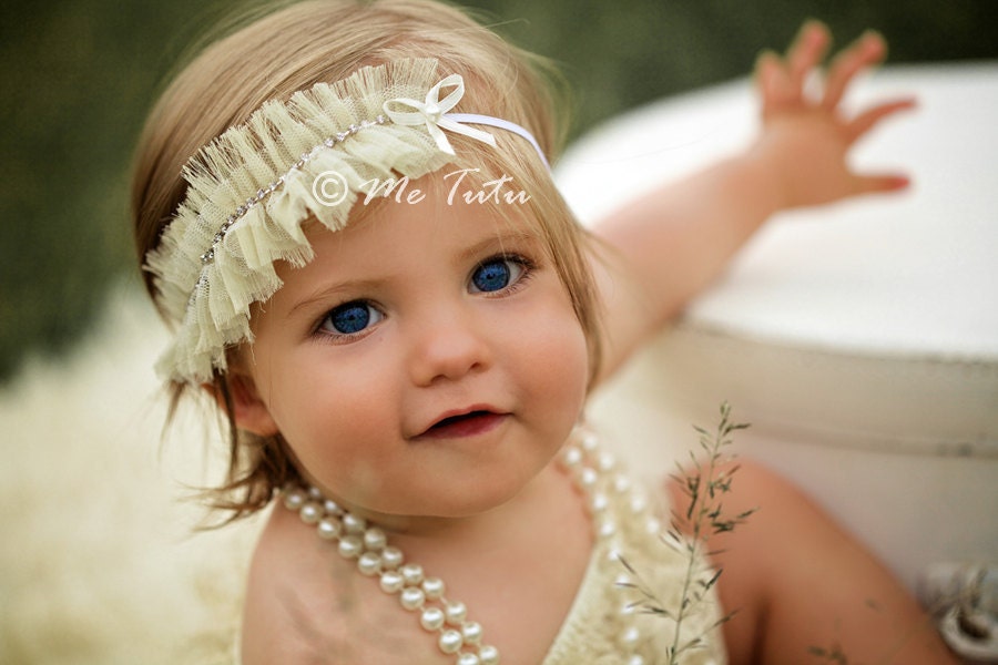 Shabby Chic Ruffled Chiffon and Diamontes Cream Vintage Skinny Headband Baby Child Girls