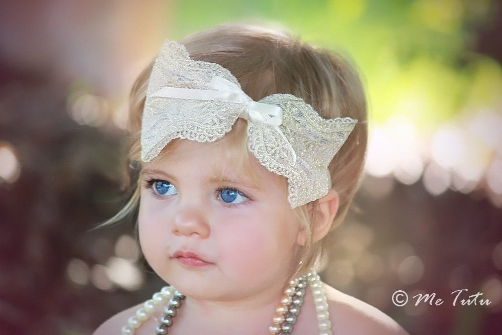 Gorgeous Gold Tan Thread Shabby Chic Vintage Large Bow Baby Childs Headband