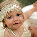 Shabby Chic Ruffled Chiffon and Diamontes Cream Vintage Skinny Headband Baby Child Girls