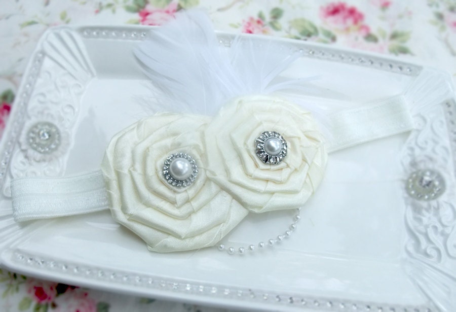 Vintage Shabby Chic Premium White/Ivory Satin Rosettes Feather and Pearl Baby Child Girls Headband