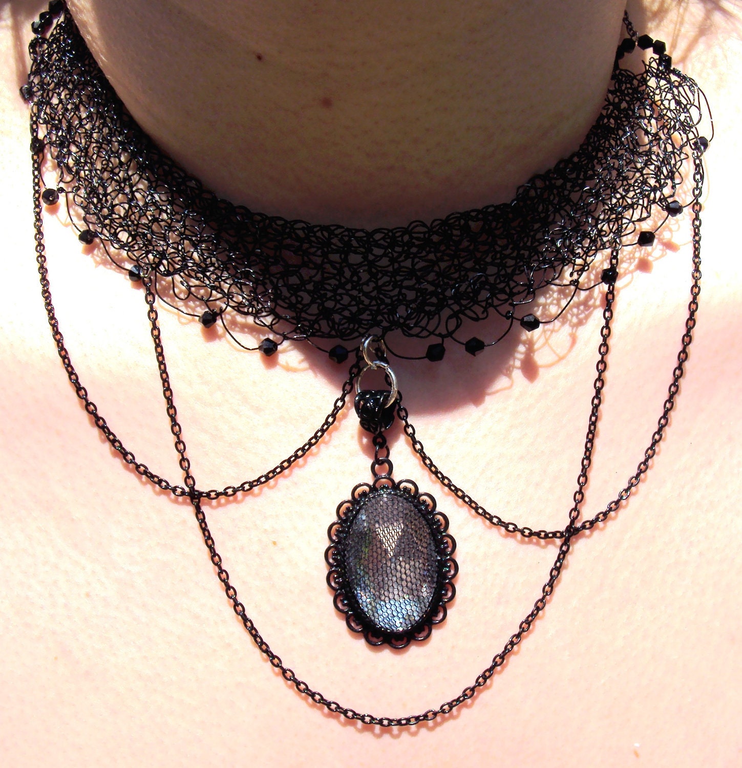 Gothic Victorian Wedding Bridal Steampunk Swarovski Crystal Hand Crocheted Black Wire Lace Chain Necklace