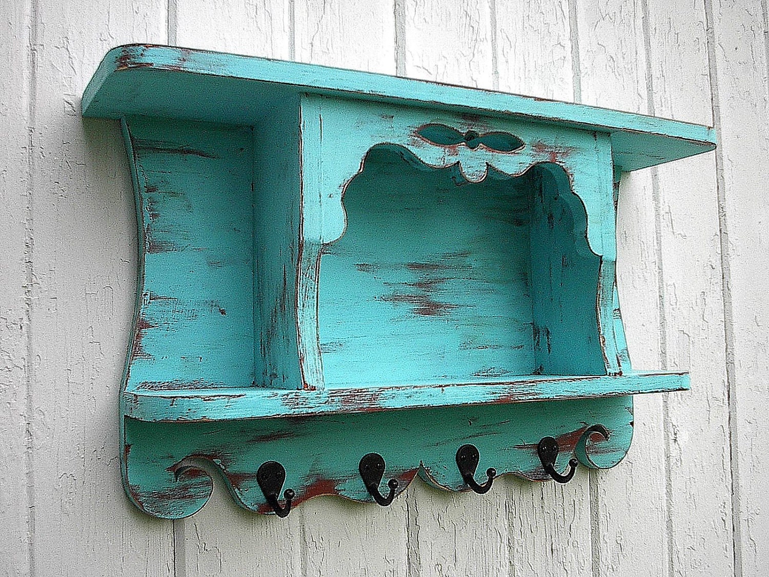 Organizer wall shelf primitive country cottage hooks aqua
