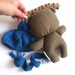Teddy bear plushie handmade rag doll toy stuffed animal brown blue 25 cm 9.8"