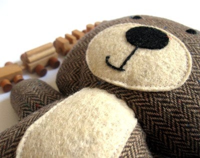 Teddy bear plushie handmade rag doll toy stuffed animal brown blue 25 cm 9.8"
