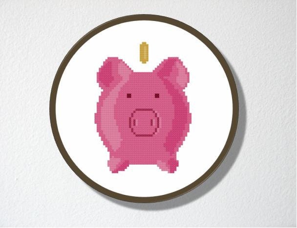 Counted Cross stitch Pattern PDF. Instant download. Piggy Bank. Includes easy beginners instructions.