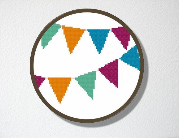 Counted Cross stitch Pattern PDF. Instant download. Bunting Flags. Includes easy beginners instructions.