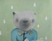 kids illustration, childrens wall art, Teddy bear in rain, whimisical nursery acrylic painting by inameliart