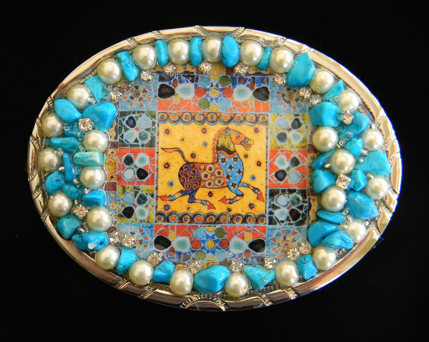MOVING SALE  75% OFF Patchwork Horse Turquoise and Pearl Women's Belt Buckle