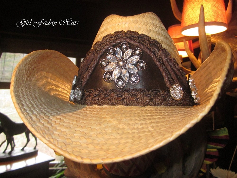 Cowboy Cowgirl Hat. Out West Crystal & Leather Embellished Straw Cowgirl Hat