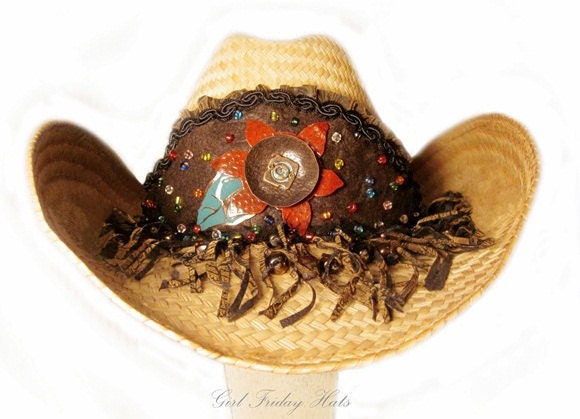 Bohemian Fire Gypsy Embellished Cowgirl Hat - Indie Style Flower With Colorful Glass Seed Beads & Fringe