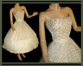 Vintage Princess 1950s Full Circle XS Tea Length Strapless Novelty Print Garden Party Sex Kitten Sexy Rockabilly Full Circle-Skirt Swing Pinup Princess Bombshell Formal Wedding Sheer Organdy Cocktail Prom Party Mad Men Femme-Fatale Dress Gown