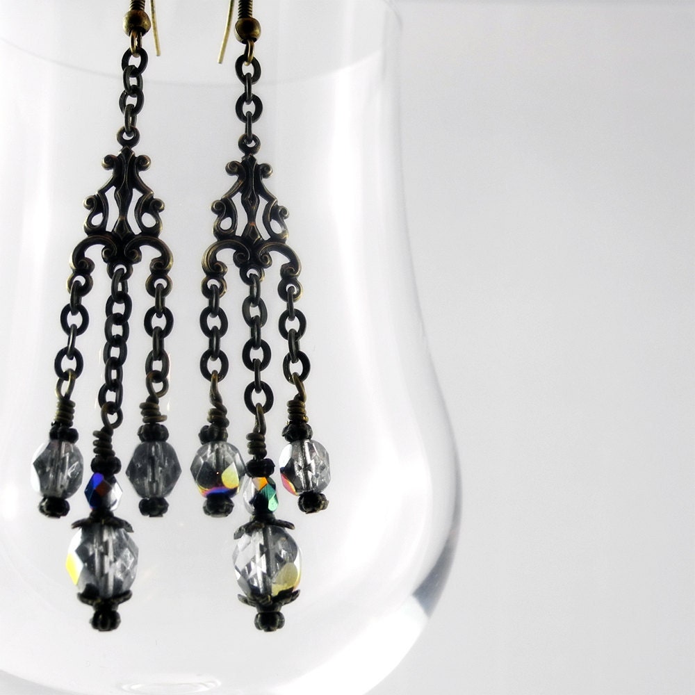 Steampunk Jewelry Antique Brass Crystal Vitrail Chandelier Beaded Earrings - Chained Treasure - Steampunk Diva