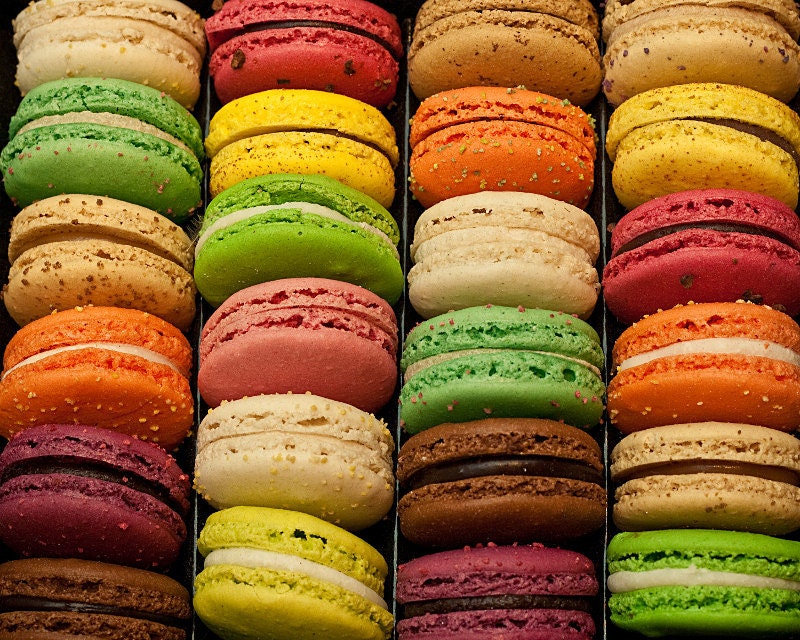 French Macarons/Macaroons - Fine Art Photograph of green,pink,orange,brown, and purple macarons in Paris - 8x10