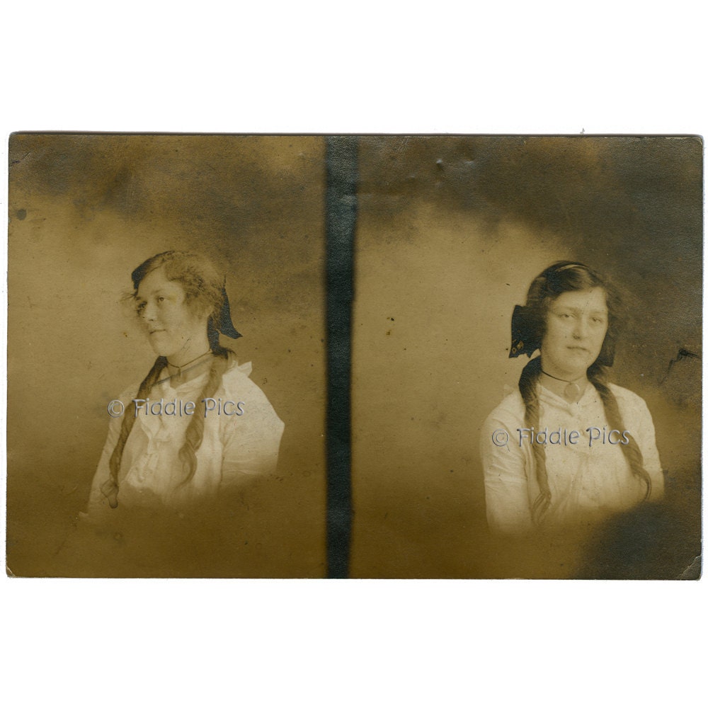 Original Antique Photo, Same Young Woman TWO VIEWS, Long Hair Corkscrew Curls and Hairbow