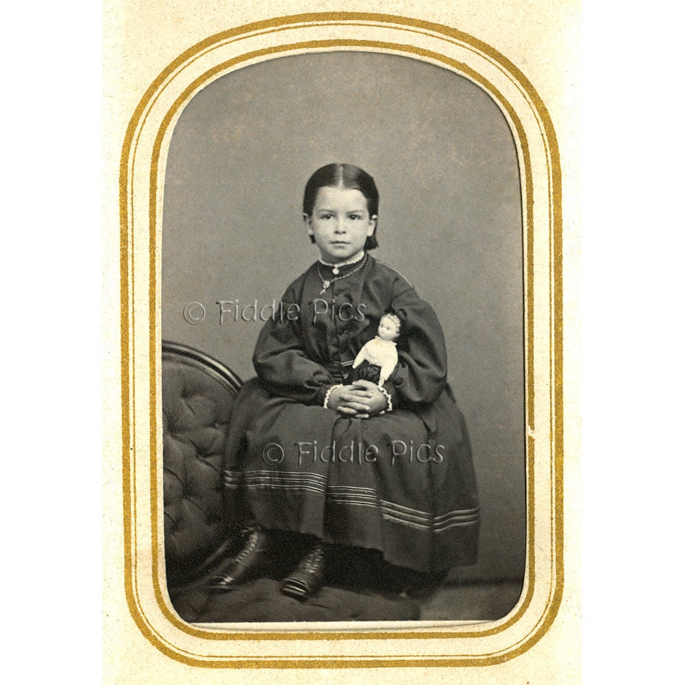 Antique Photograph / CIVIL WAR Girl with China Doll / Tax Stamp / Original CDV Album Page