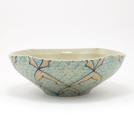 Ceramic Bowl with Blue and Salmon Pattern