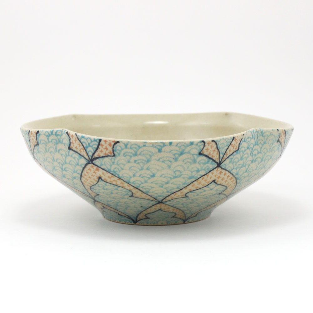 Ceramic Bowl with Blue and Salmon Pattern
