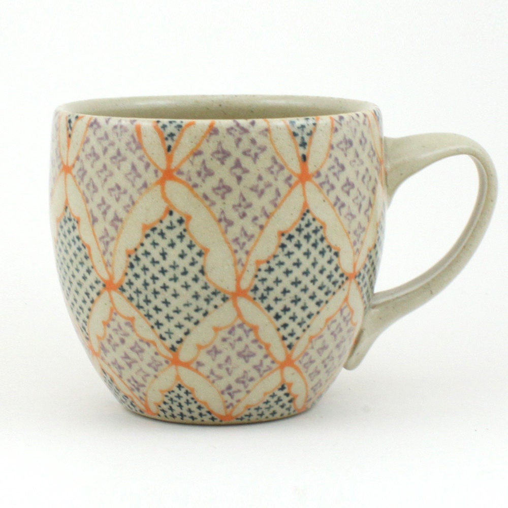 Teacup - Ceramic Mug - Cup with orange, navy and purple pattern