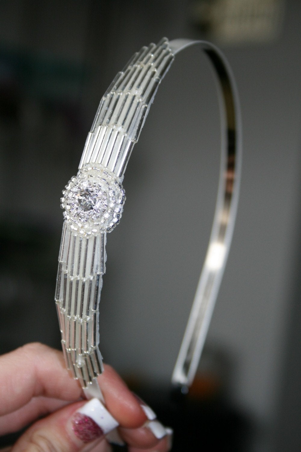 OLIVIA- Silver Rhinestone Ivory Headband, Wedding Headpiece, Ribbon, Crystal, Accessories, Bridal, Wedding, Hair Accessory, Bridesmaid