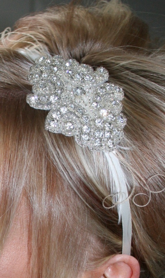 Rhinestone Bridal Feather Headband, Wedding hair piece, bridal headpiece, accessories, crystal