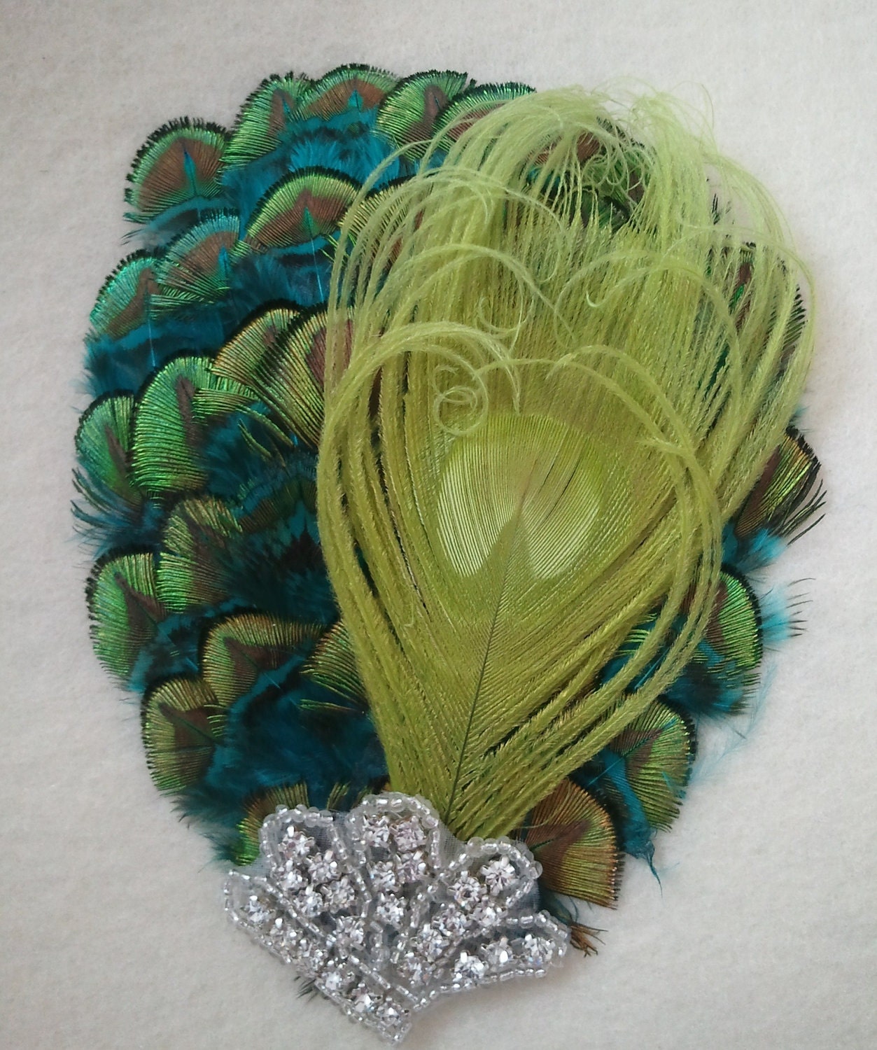 Green Peacock Rhinestone Feather Headband, Feather hair piece, bridal headband, hair accessory, rhinestone