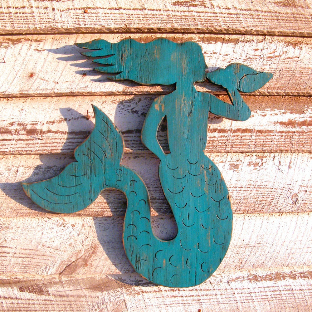 Mermaid Wood Sign Coastal Gulf Blue Conch Shell Beach Ocean