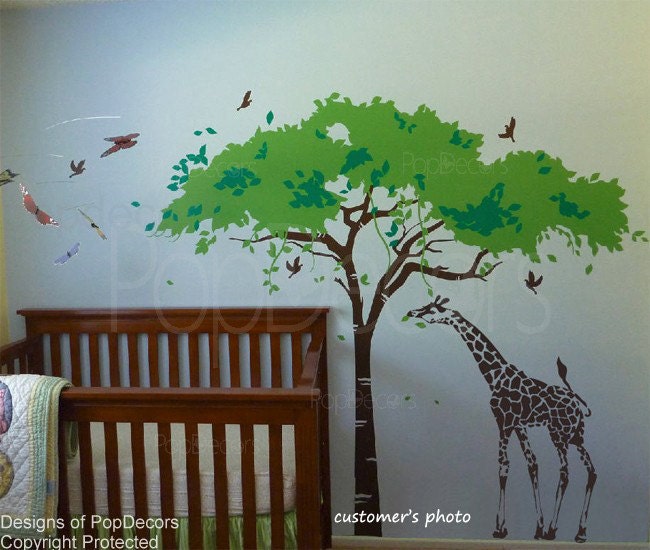 Nursery Wall Decal Baby Wall Decal giraffe decal kids playroom sticker- Africa tree and giraffe(104 inchW)- Designed by Pop Decors