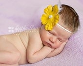 Simple Vintage Inspired Yellow Flower Headband w/ Pearls, Feathers, And Veiling - BabyAccessories