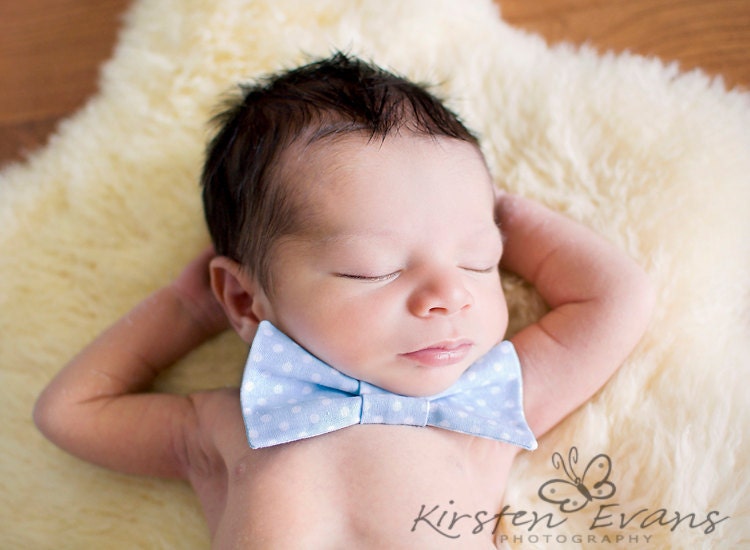 Light Baby Blue Boys Bow Tie - White Polka Dots