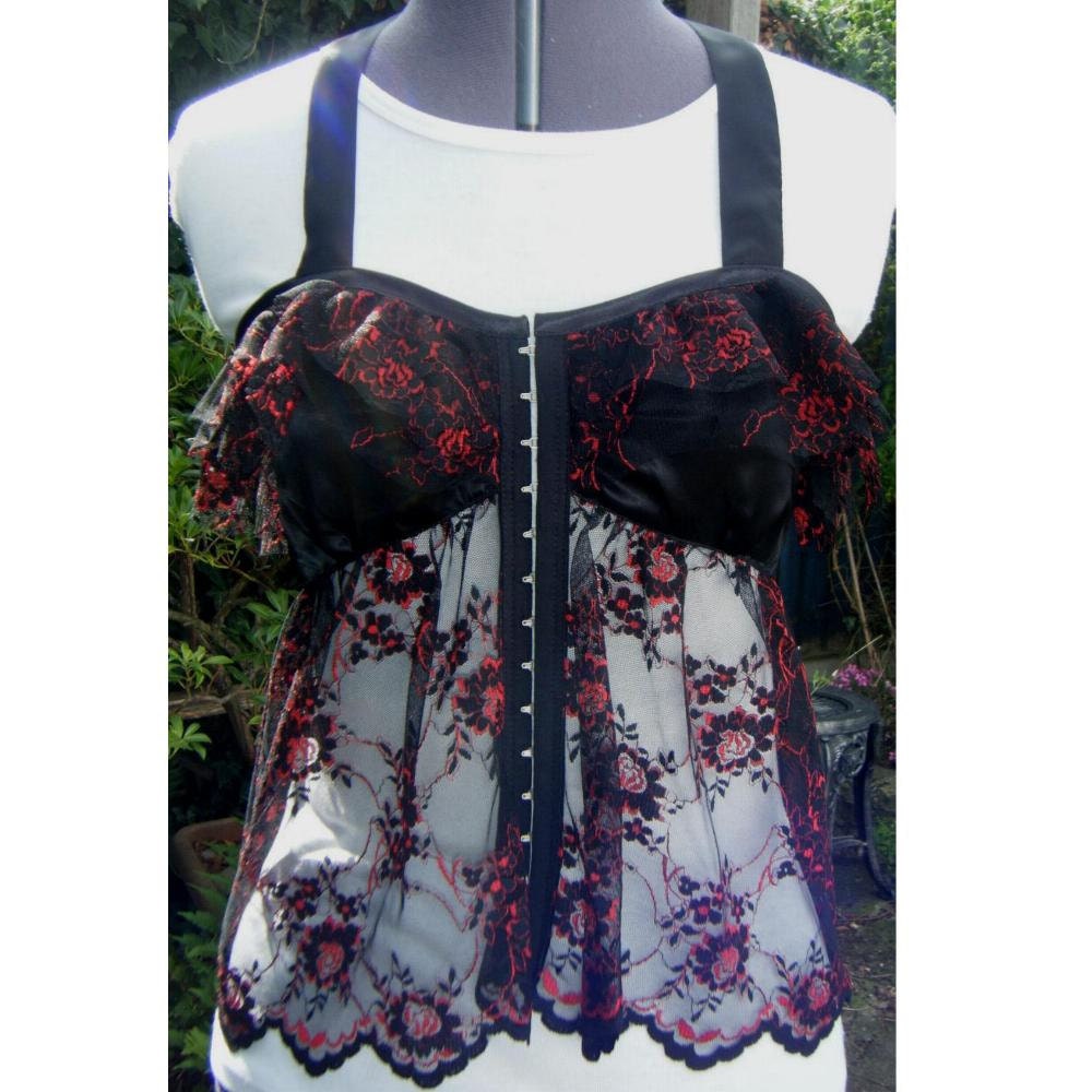 goth Lolita top black satin and lace halterneck top. black lace with red roses perfect valentine gift