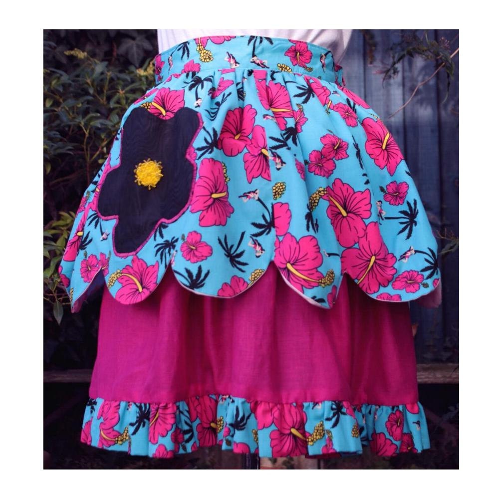 Sweet Lolita skirt. Tropical Flower print scalloped skirt . turquoise and pink.  One off