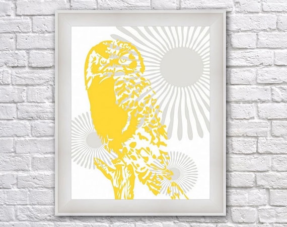 Owl Art in yellow and Gray 8 X 10 Wall Art Decor Print- Wall Decor Art
