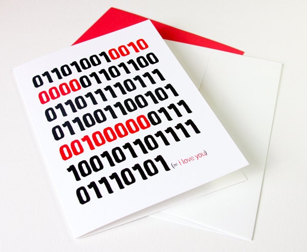 Valentine Card - Binary Code Greeting Card - I Love You in Binary - Red and Black 5 x 7 - Valentines Day