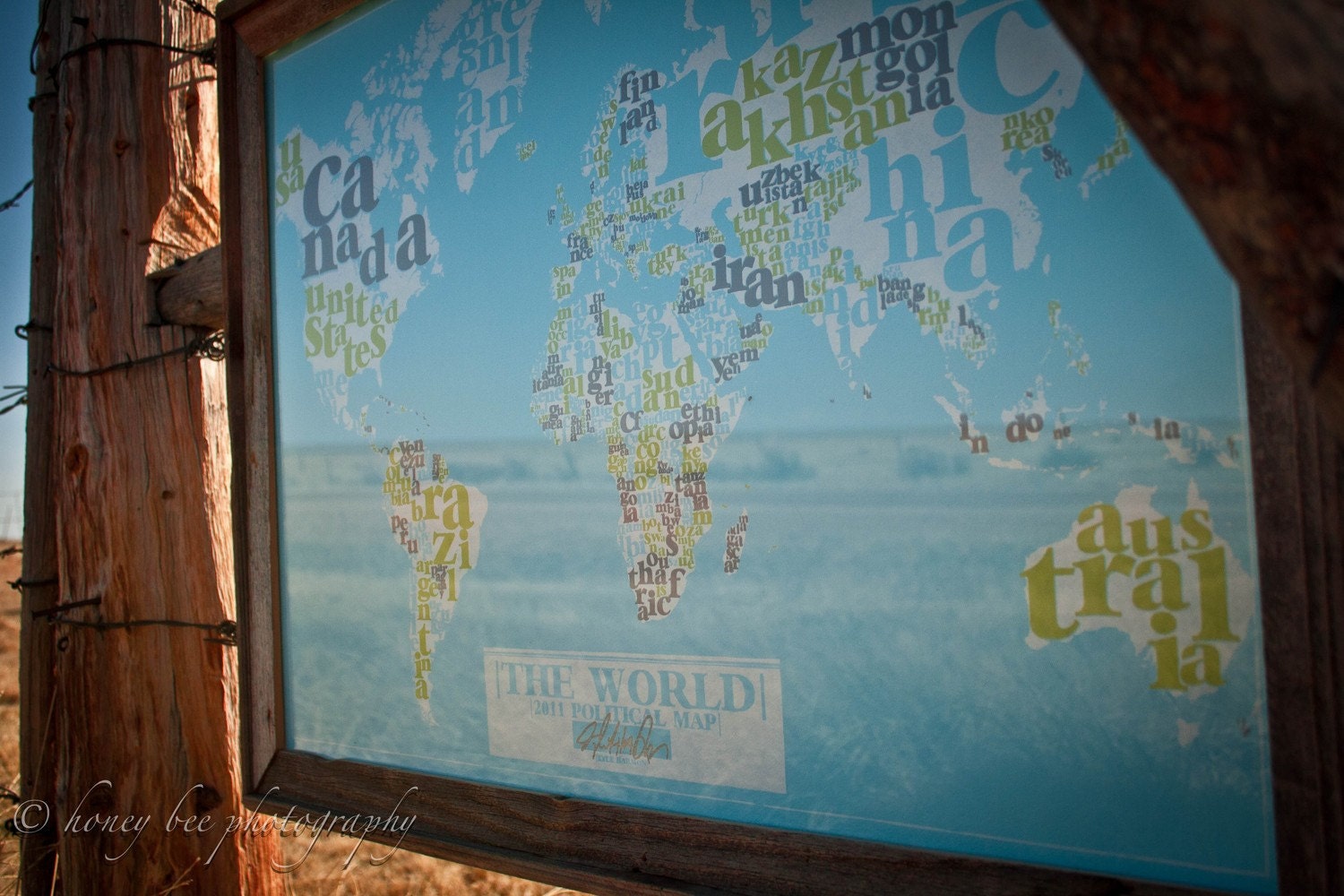 LARGE hand-pulled screenprint Political World Typography Map 22"x30"