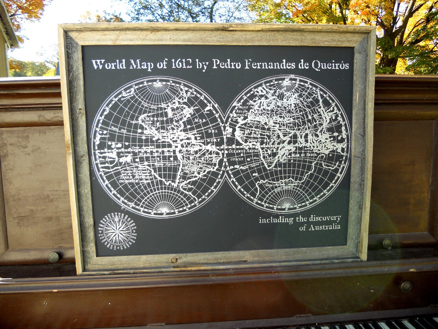 LARGE Old World Map print - 1612 The Discovery of Australia - Silver and black - Map Poster hand-pulled screen print  22"x28"