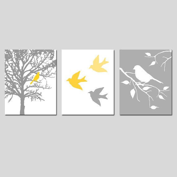 Modern Bird Trio - Set of Three 8 x 10 Prints - in Gray, Yellow, Orange, Purple, Blue, and More - Perfect for Nursery