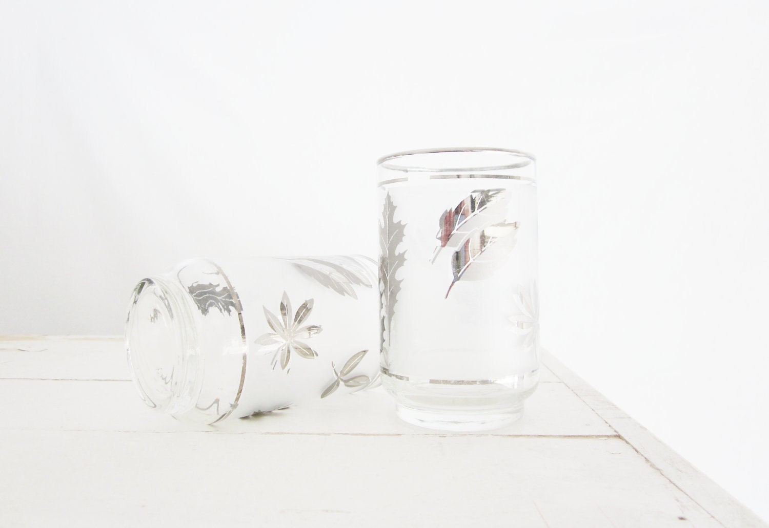 Vintage Glassware Barware Mid Century Silver Frost 1950 Mad Men Libby Glasses Kitchen Ferns Leaves