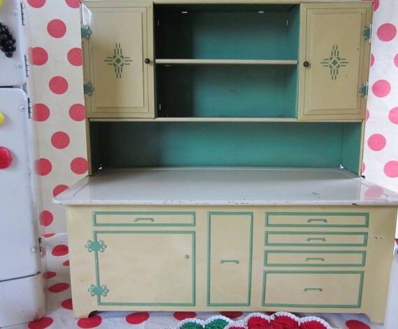 SALE Vintage Tin Toy Kitchen Cupboard Green Play Child Wolverine Kitchen Toy