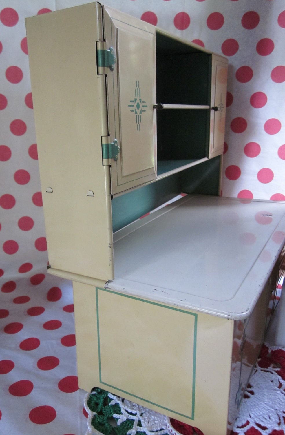SALE Vintage Tin Toy Kitchen Cupboard Green Play Child Wolverine Kitchen Toy