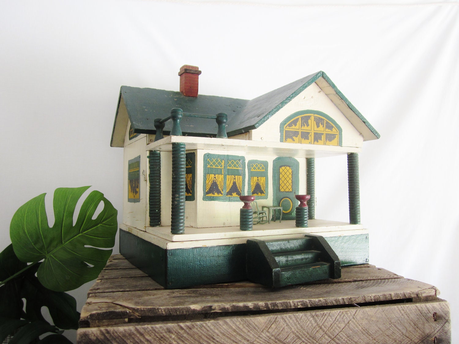 Antique Converse Doll House Toy Primitive Folk Art House Green Yellow Miniature Vintage Dollhouse