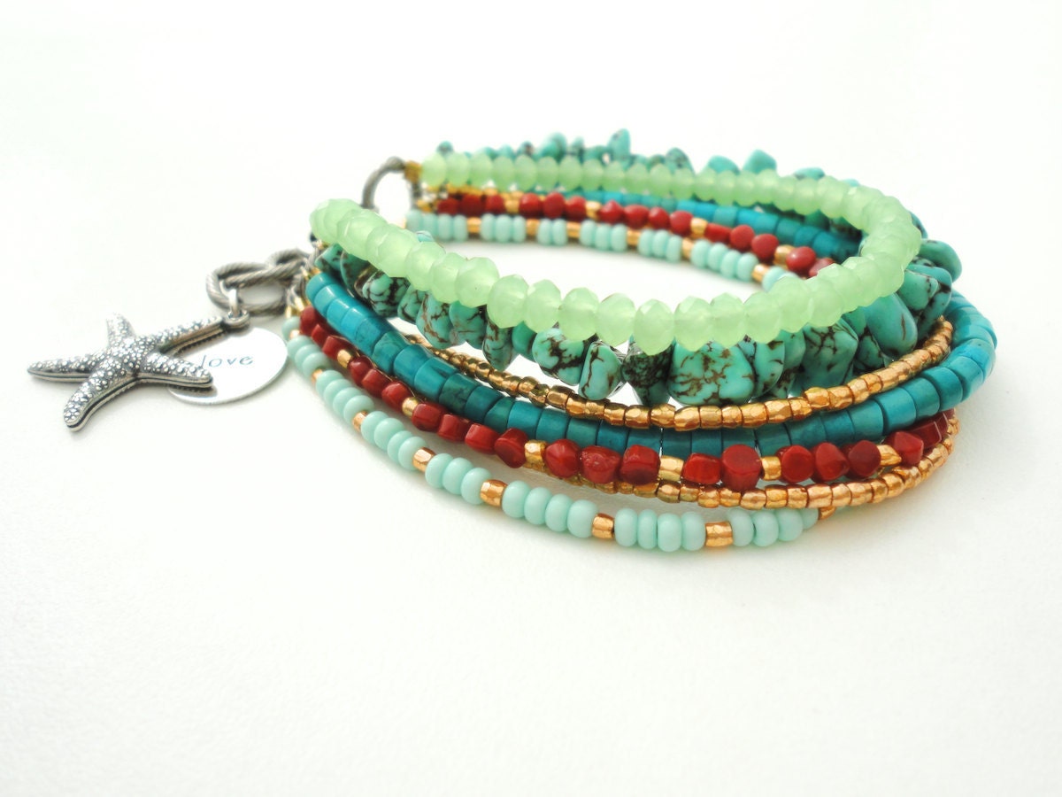 Turquoise Beach Bracelet Friendship Bracelet Beaded Bracelet Starfish Stamped Charm Bracelet Gypsy Bohemian Jewelry Bracelet