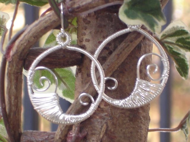 Wire Wrapped Earrings - Silver Wave Hoops - jagrocks