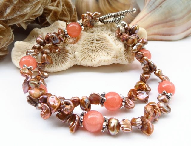 Double Strand  Bracelet of Fresh Water Pearls and Malaysia Jade
