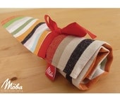 Cutlery Roll, Multicoloured Stripe: Orange, Brown, Light Pink, White, Green with Chocolate Brown and Red Ribbon Silverware Wrap