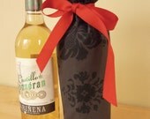 Wine Bag, Grey and Black Flourishes Pattern with Red Ribbon  PERFECT HOSTESS GIFT